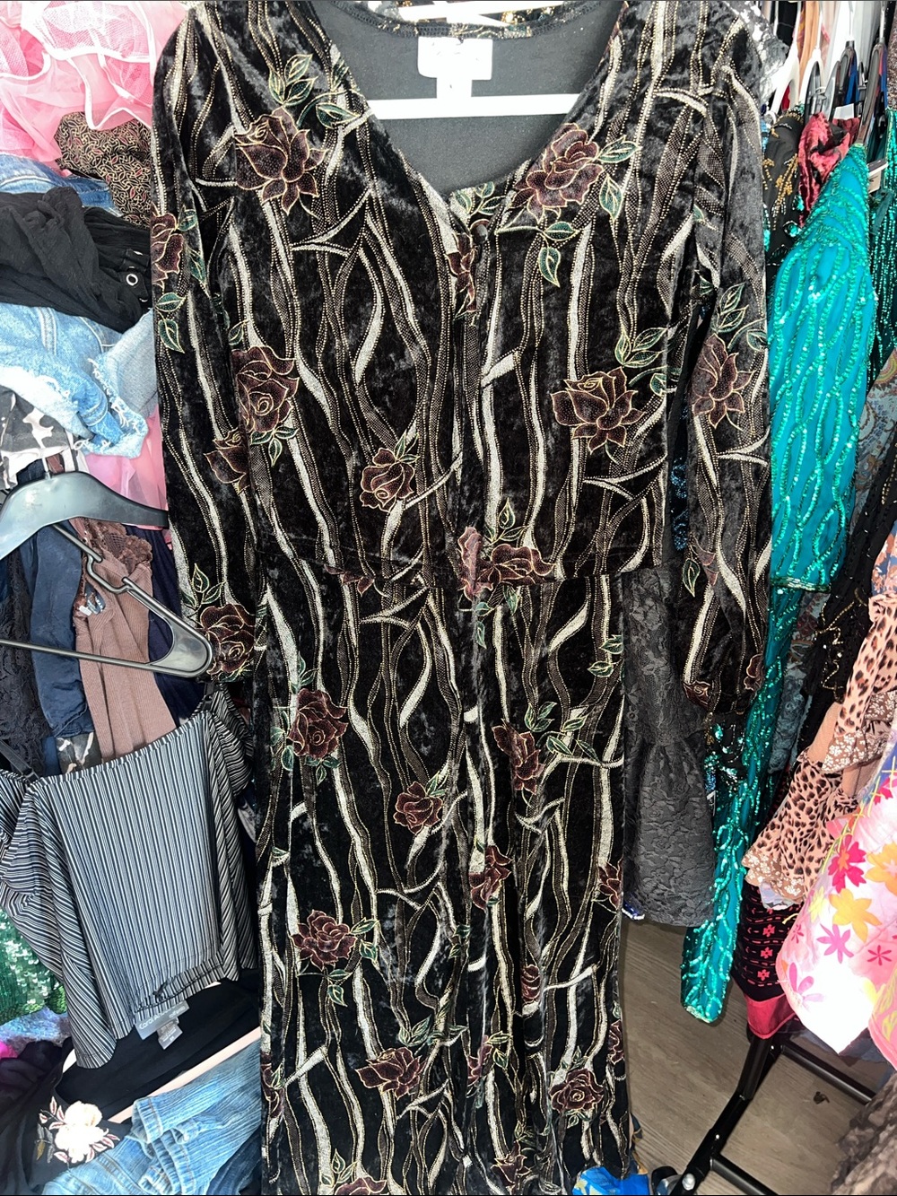 2 piece 90s whimsigoth Velvet Floral metallic cardigan and maxi dress